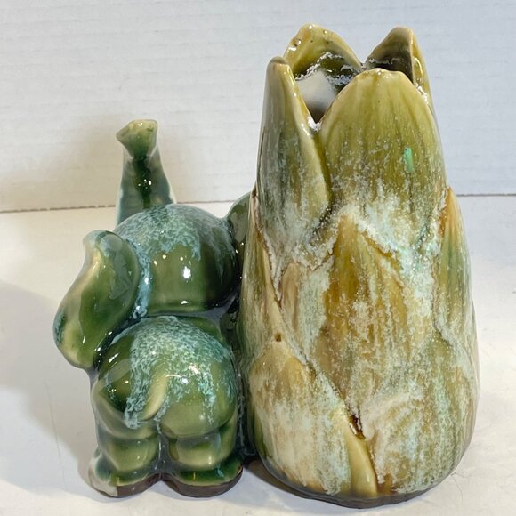 Vintage Elephant & Lotus Planter/Holder Hand-Glazed Ceramic Green & Brown - Picture 4 of 11